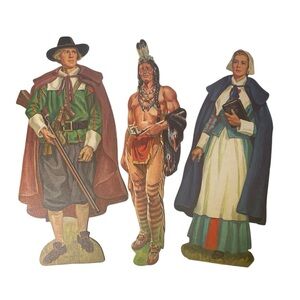 Vintage Thanksgiving Cutouts 3 piece pilgrim & Native American Dennison Eureka
